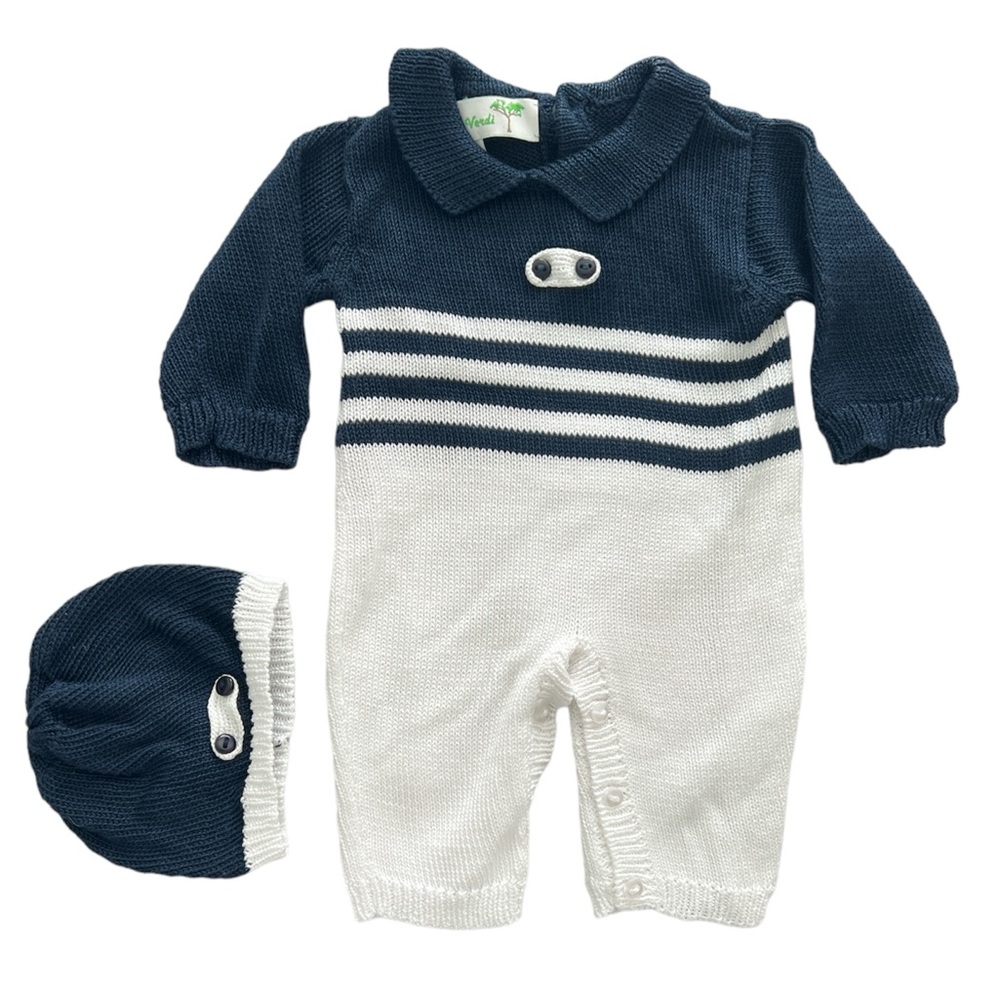 Piccolino Verdi Baby Boy Romper Knitted Jumpsuit with Hat 0-3 Months 100% Cotton